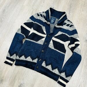 American Eagle Cardigan Men's XS Navy Shawl Aztec Geometric Cardigan Sweater